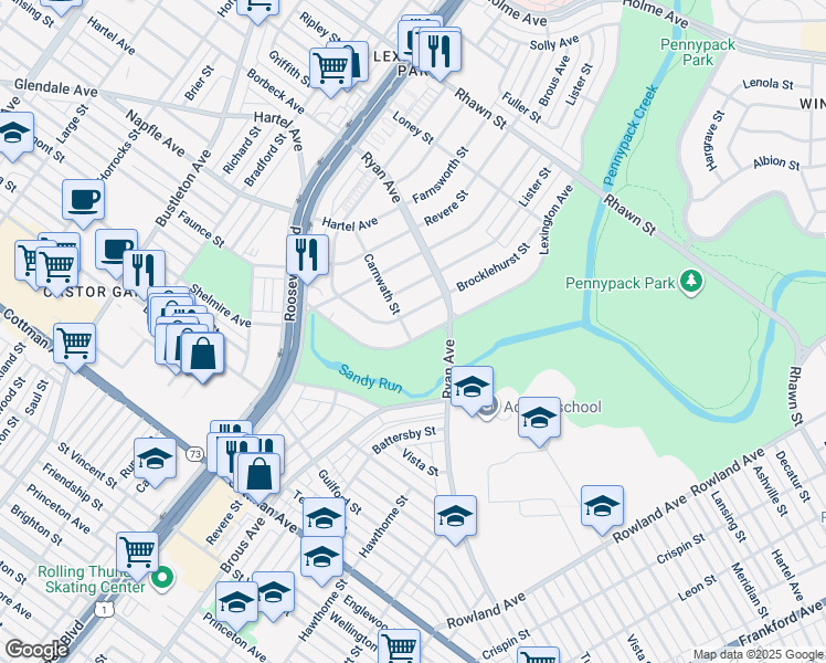 map of restaurants, bars, coffee shops, grocery stores, and more near 7700 Lexington Avenue in Philadelphia