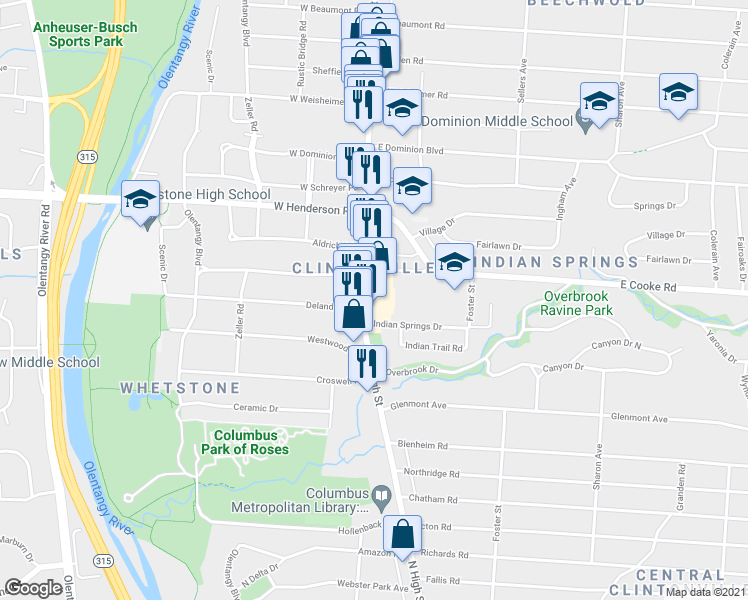 map of restaurants, bars, coffee shops, grocery stores, and more near 4250 North High Street in Columbus