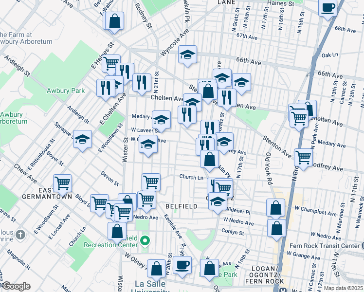 map of restaurants, bars, coffee shops, grocery stores, and more near 1958 West Godfrey Avenue in Philadelphia