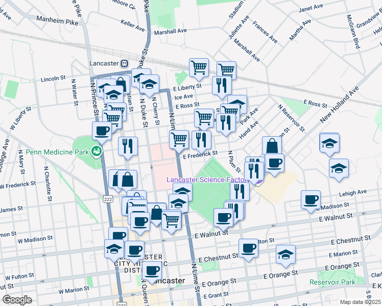 map of restaurants, bars, coffee shops, grocery stores, and more near 227 East Frederick Street in Lancaster
