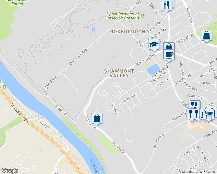 map of restaurants, bars, coffee shops, grocery stores, and more near 261 Shawmont Avenue in Philadelphia