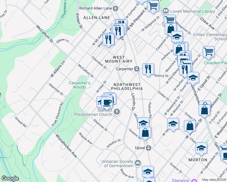 map of restaurants, bars, coffee shops, grocery stores, and more near 440 West Sedgwick Street in Philadelphia