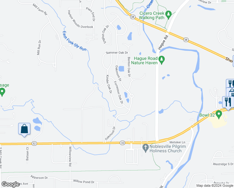 map of restaurants, bars, coffee shops, grocery stores, and more near 17933 Forreston Oak Drive in Noblesville