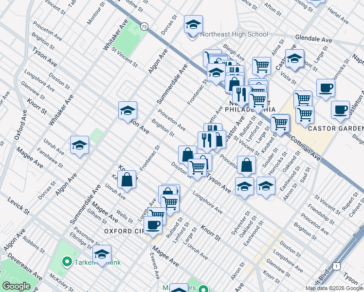 map of restaurants, bars, coffee shops, grocery stores, and more near 1332 Brighton Street in Philadelphia