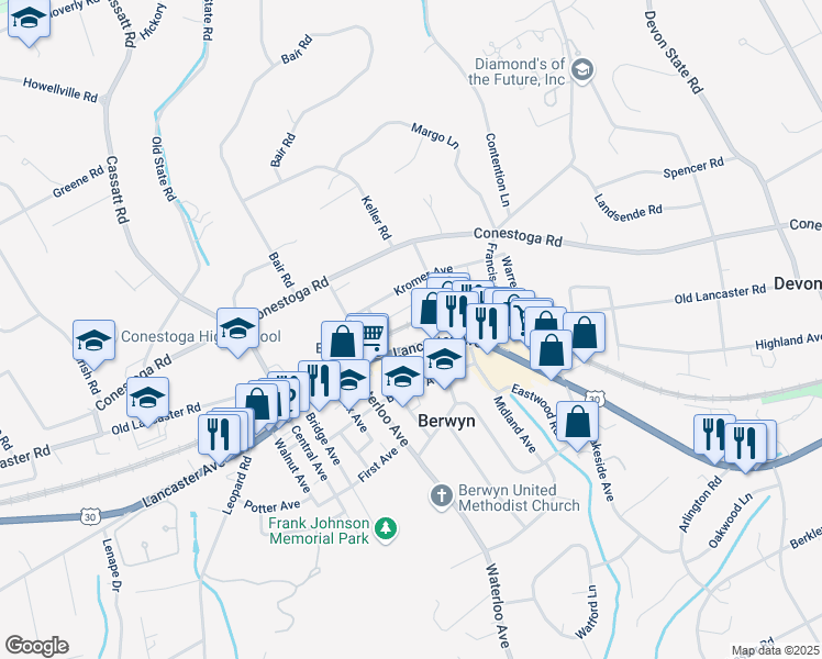 map of restaurants, bars, coffee shops, grocery stores, and more near 635 Lancaster Avenue in Berwyn