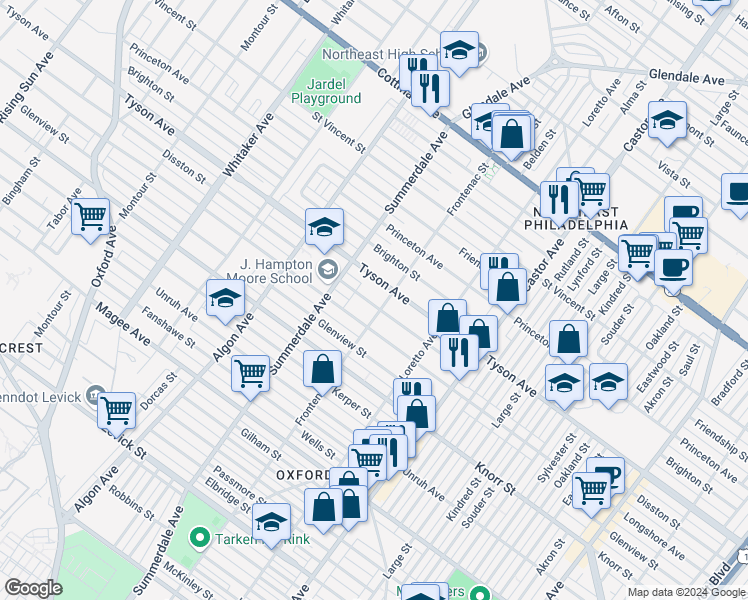 map of restaurants, bars, coffee shops, grocery stores, and more near 1239 Disston Street in Philadelphia