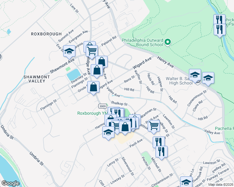 map of restaurants, bars, coffee shops, grocery stores, and more near 7369 Valley Avenue in Philadelphia