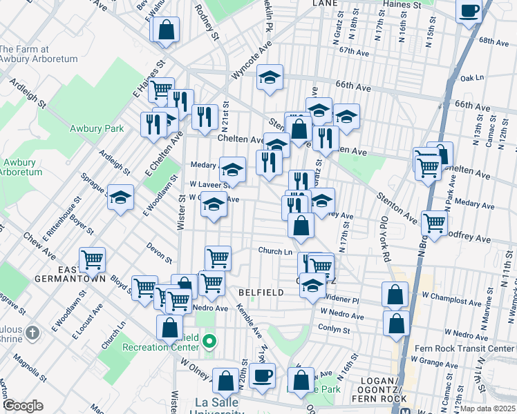 map of restaurants, bars, coffee shops, grocery stores, and more near 1964 West Godfrey Avenue in Philadelphia