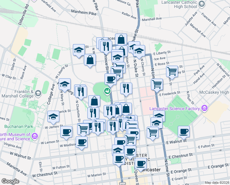 map of restaurants, bars, coffee shops, grocery stores, and more near 54 West New Street in Lancaster