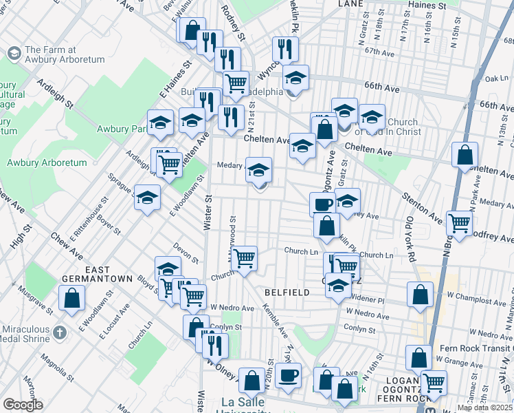map of restaurants, bars, coffee shops, grocery stores, and more near 6154 North Lambert Street in Philadelphia