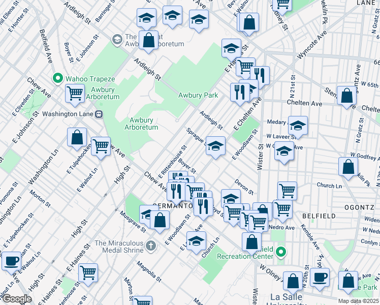 map of restaurants, bars, coffee shops, grocery stores, and more near 929 East Price Street in Philadelphia
