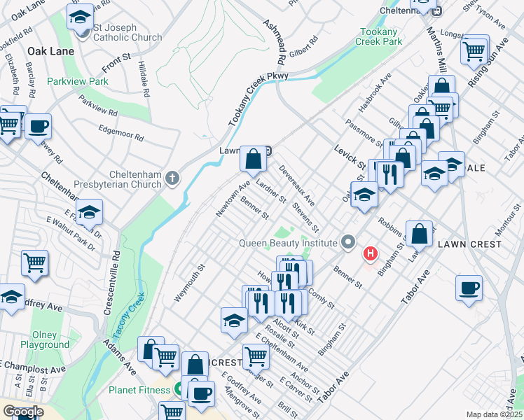 map of restaurants, bars, coffee shops, grocery stores, and more near 6100 Reach St in Philadelphia