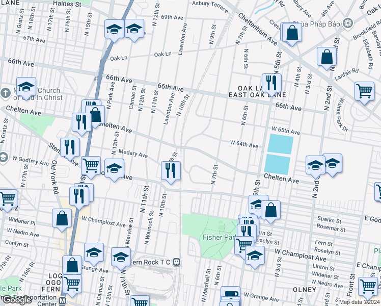 map of restaurants, bars, coffee shops, grocery stores, and more near 726 West Chelten Avenue in Philadelphia