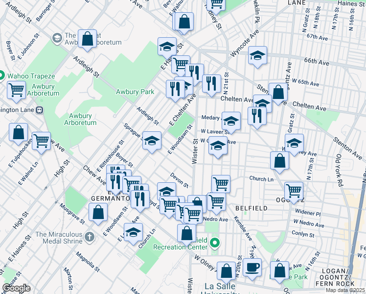 map of restaurants, bars, coffee shops, grocery stores, and more near 5534 Ardleigh Street in Philadelphia