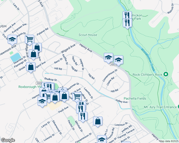 map of restaurants, bars, coffee shops, grocery stores, and more near 7247 Hill Road in Philadelphia