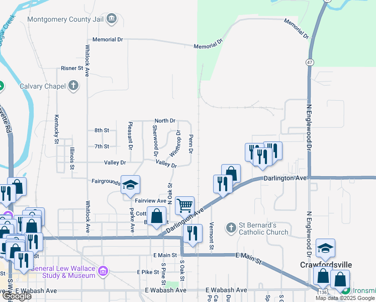 map of restaurants, bars, coffee shops, grocery stores, and more near 607 Penn Drive in Crawfordsville