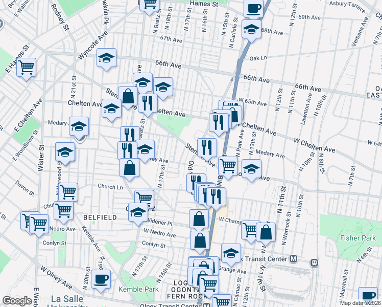 map of restaurants, bars, coffee shops, grocery stores, and more near 6222 Old York Road in Philadelphia