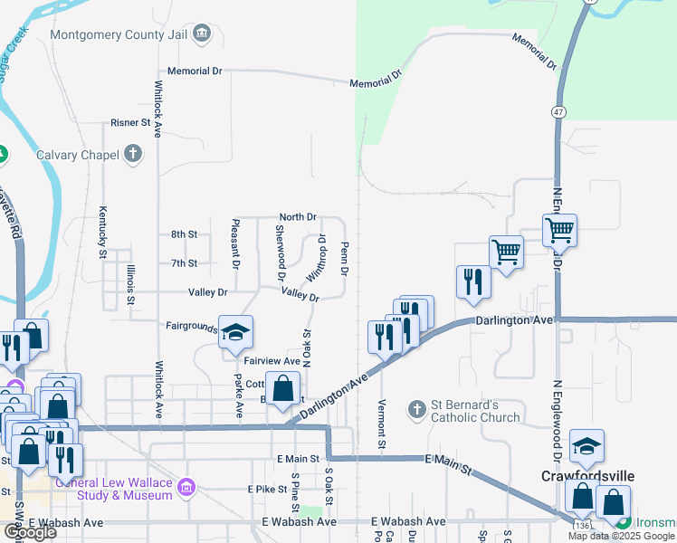 map of restaurants, bars, coffee shops, grocery stores, and more near 607 Penn Drive in Crawfordsville
