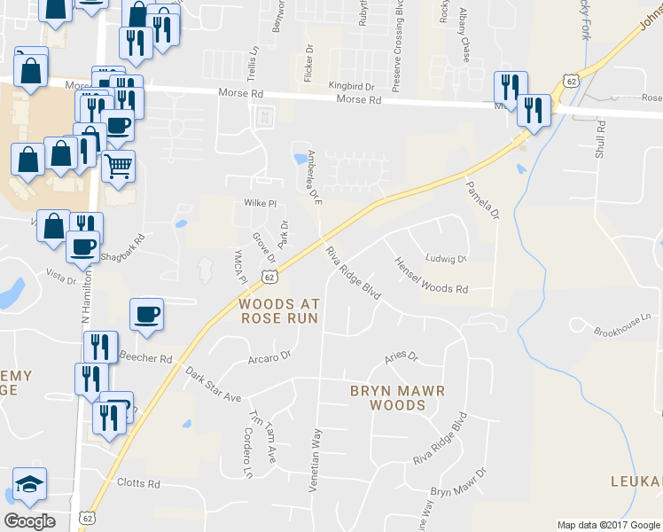 map of restaurants, bars, coffee shops, grocery stores, and more near 1175 Riva Ridge Boulevard in Columbus