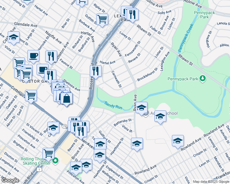map of restaurants, bars, coffee shops, grocery stores, and more near 7619 Brocklehurst Street in Philadelphia