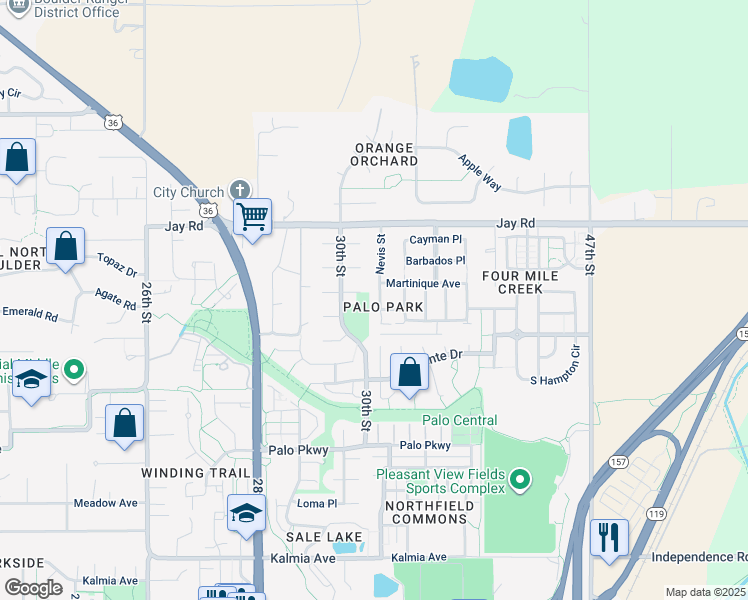 map of restaurants, bars, coffee shops, grocery stores, and more near 4059 Nevis Street in Boulder