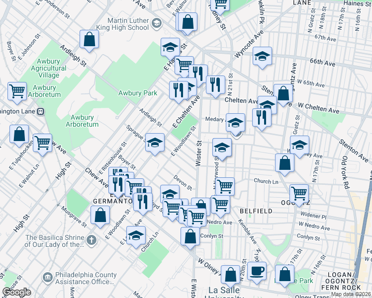 map of restaurants, bars, coffee shops, grocery stores, and more near 5530 Ardleigh Street in Philadelphia