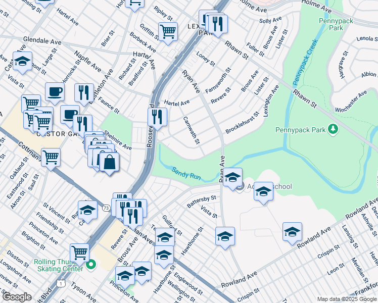 map of restaurants, bars, coffee shops, grocery stores, and more near 7619 Brocklehurst Street in Philadelphia