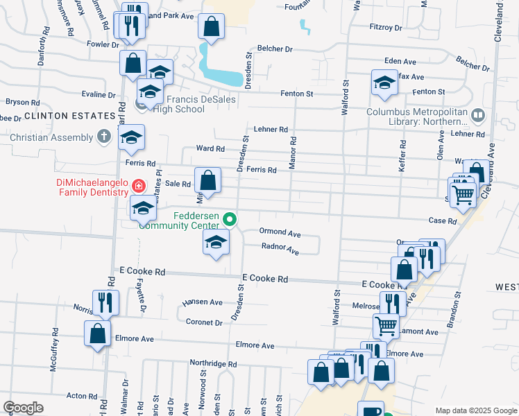 map of restaurants, bars, coffee shops, grocery stores, and more near 1802 Case Road in Columbus