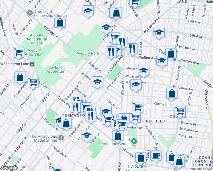 map of restaurants, bars, coffee shops, grocery stores, and more near 5653 Blakemore Street in Philadelphia