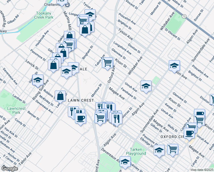 map of restaurants, bars, coffee shops, grocery stores, and more near Oxford Avenue & Magee Avenue in Philadelphia