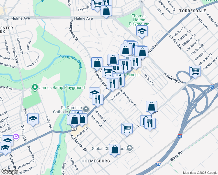 map of restaurants, bars, coffee shops, grocery stores, and more near 3920 Pennypack Street in Philadelphia