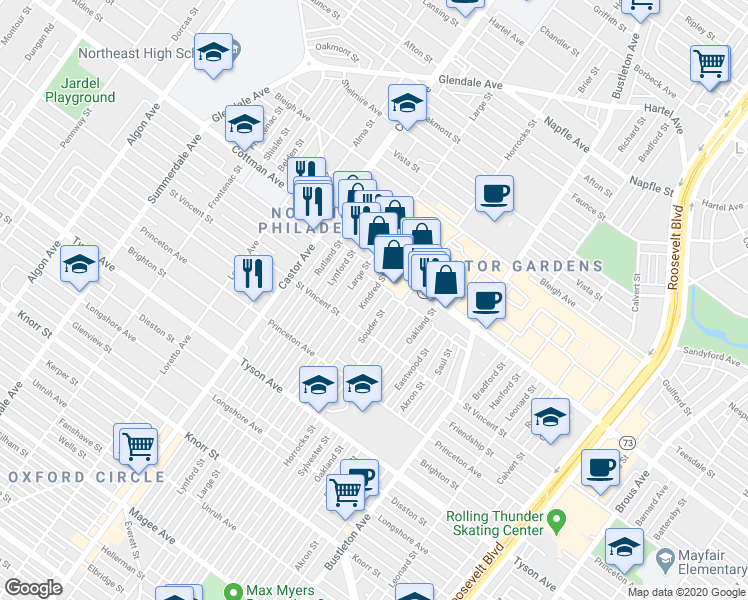 map of restaurants, bars, coffee shops, grocery stores, and more near 7229 Kindred Street in Philadelphia
