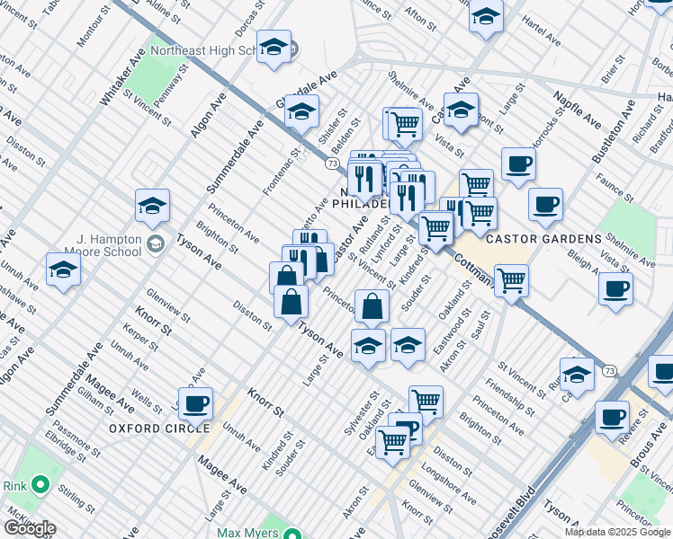 map of restaurants, bars, coffee shops, grocery stores, and more near 7137 1/2 Rutland Street in Philadelphia