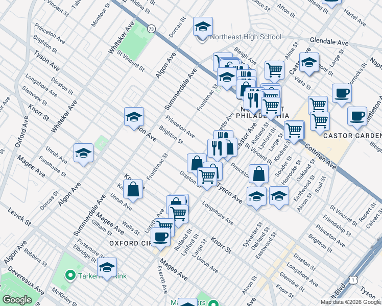 map of restaurants, bars, coffee shops, grocery stores, and more near 1332 Brighton Street in Philadelphia