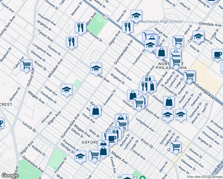 map of restaurants, bars, coffee shops, grocery stores, and more near 1239 Disston Street in Philadelphia