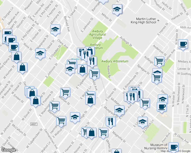 map of restaurants, bars, coffee shops, grocery stores, and more near 543 East Walnut Lane in Philadelphia