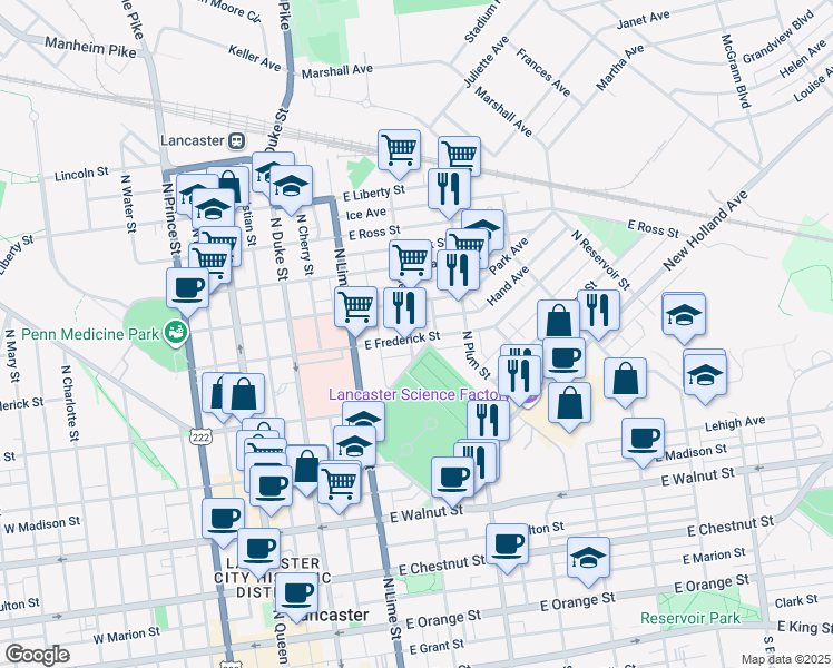 map of restaurants, bars, coffee shops, grocery stores, and more near 305 East Frederick Street in Lancaster