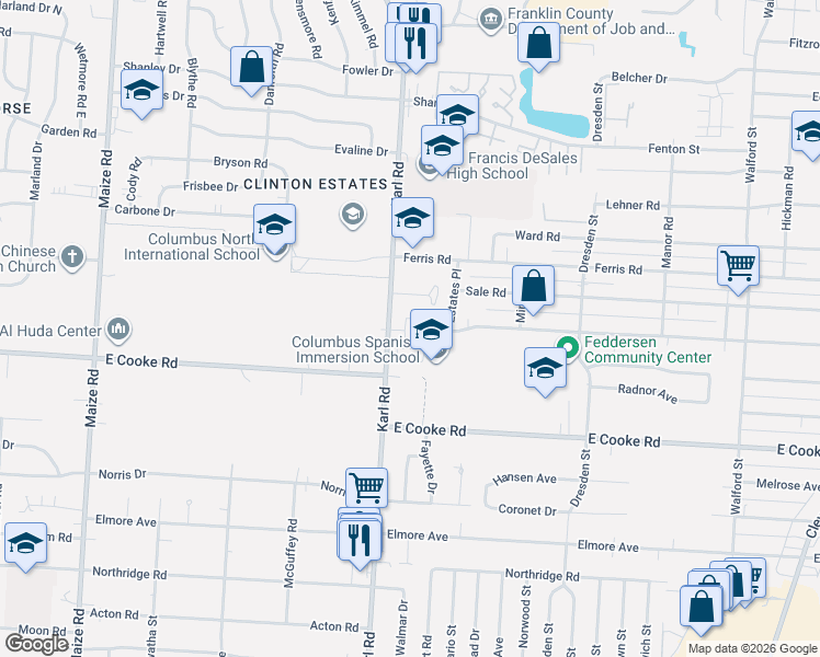 map of restaurants, bars, coffee shops, grocery stores, and more near 3993 Stonegate Square East in Columbus