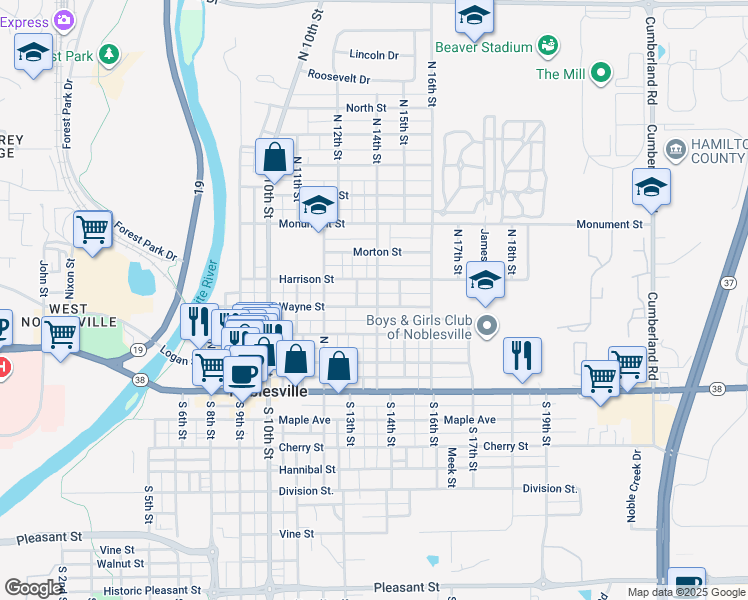 map of restaurants, bars, coffee shops, grocery stores, and more near 1442 Wayne Street in Noblesville