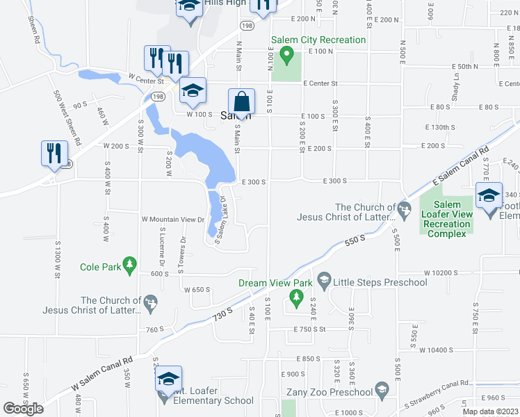 map of restaurants, bars, coffee shops, grocery stores, and more near 350 South 100 East in Salem