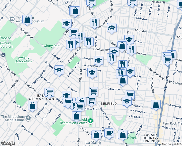 map of restaurants, bars, coffee shops, grocery stores, and more near 6155 North Norwood Street in Philadelphia
