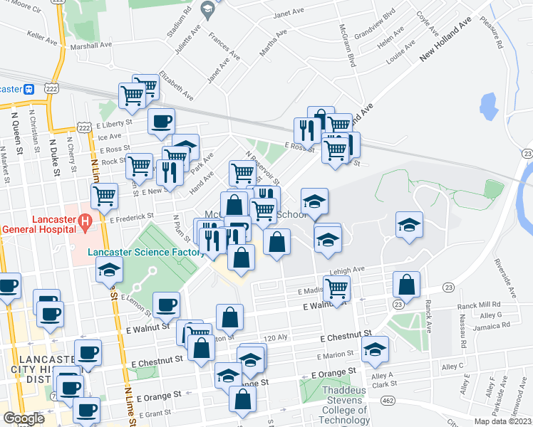 map of restaurants, bars, coffee shops, grocery stores, and more near 616 New Holland Avenue in Lancaster