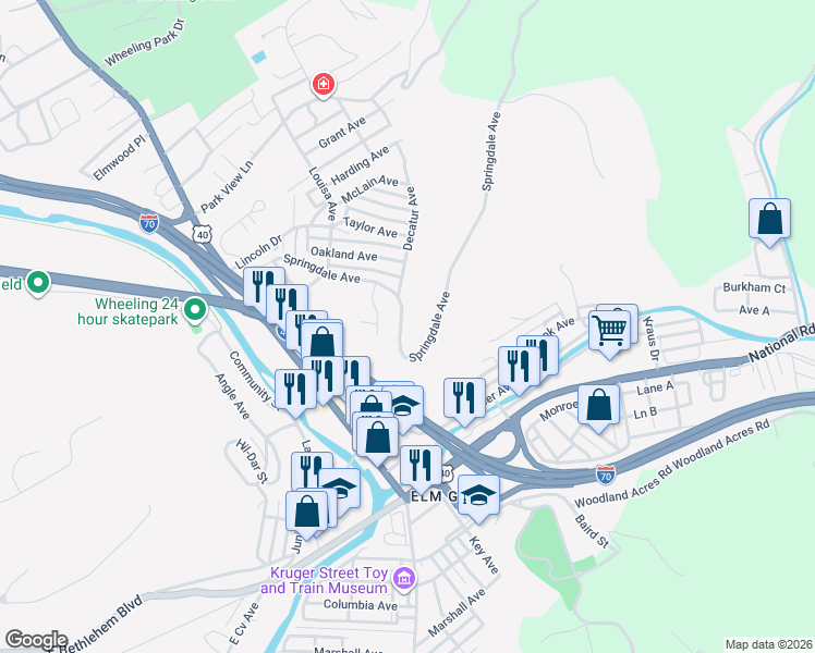 map of restaurants, bars, coffee shops, grocery stores, and more near 237 Springdale Avenue in Wheeling