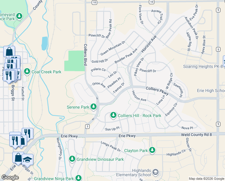 map of restaurants, bars, coffee shops, grocery stores, and more near 305 Taurus Drive in Erie