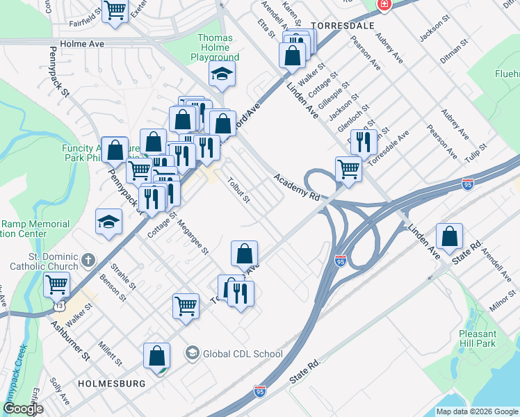 map of restaurants, bars, coffee shops, grocery stores, and more near 4547 Tolbut Street in Philadelphia