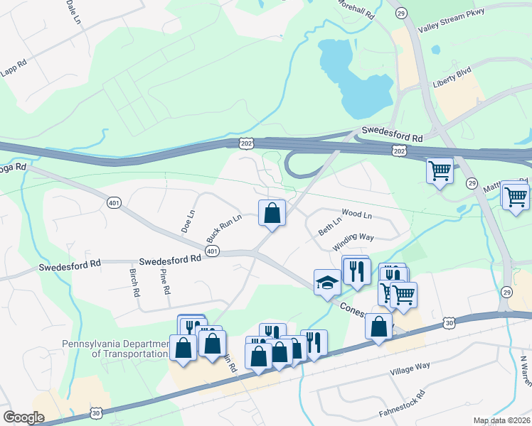 map of restaurants, bars, coffee shops, grocery stores, and more near 8 Buck Run Lane in Malvern