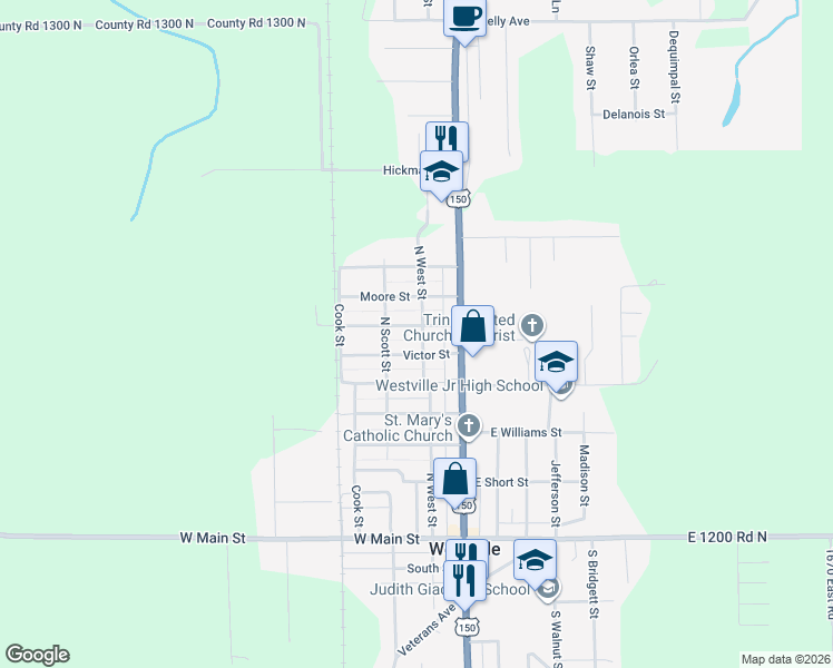 map of restaurants, bars, coffee shops, grocery stores, and more near 600-698 North West Street in Westville
