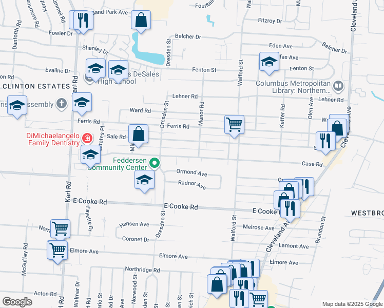 map of restaurants, bars, coffee shops, grocery stores, and more near 1854 Case Road in Columbus