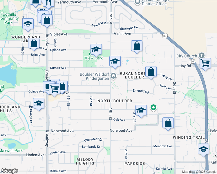 map of restaurants, bars, coffee shops, grocery stores, and more near 1880 Redwood Avenue in Boulder