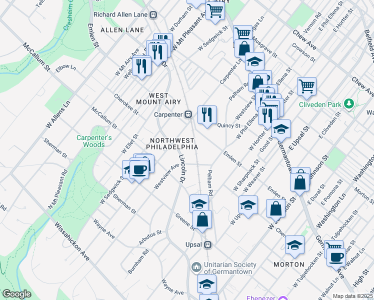 map of restaurants, bars, coffee shops, grocery stores, and more near 6805 Lincoln Dr in Philadelphia